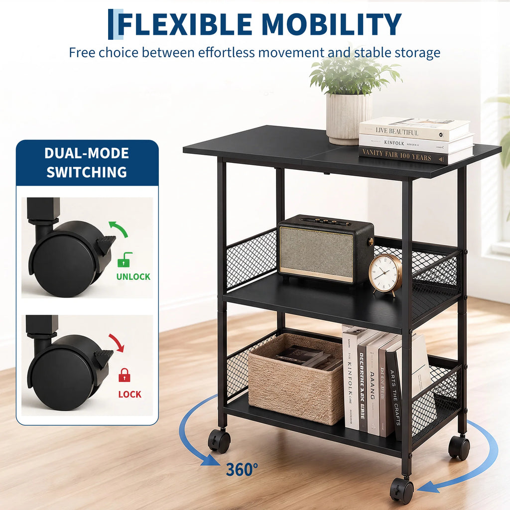 3-Tier Printer Stand with Storage Shelves, Mobile Heavy Duty Rolling Rack on Wheels for Large Printers, Black Industrial MDF and Iron, Home Office