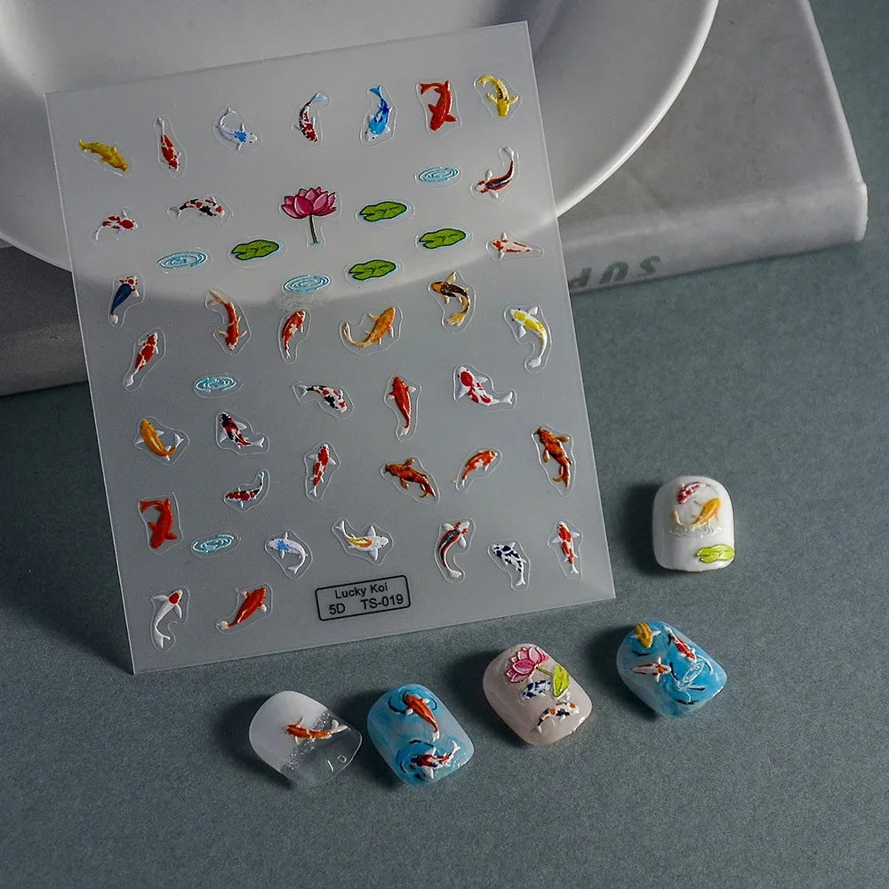 5D Koi Fish Nail Stickers, Green Lotus and Red Carp Nail Art Decals