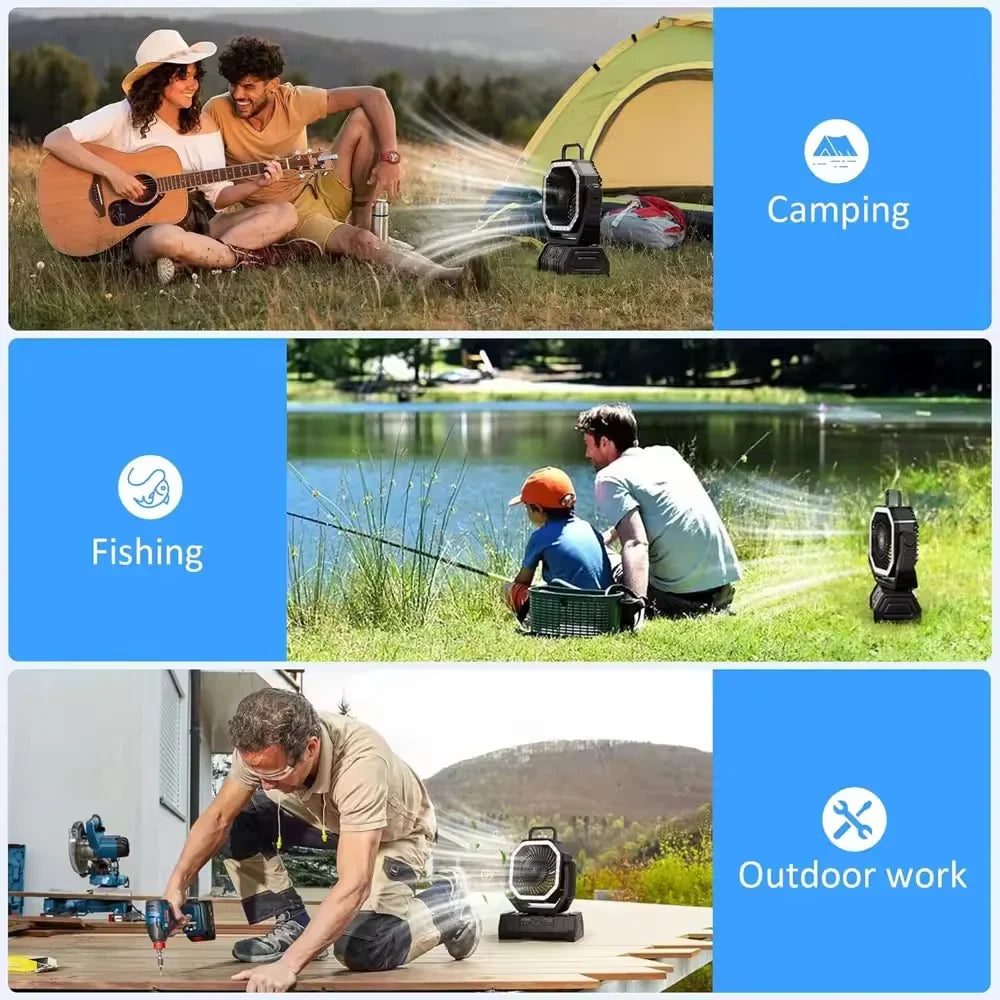 2026 New 20000mAh Battery Powered Fan Camping Fan with 360° Rotation Hanging Hook for Fishing Tents Desk Rechargeable Camping Ceiling Fan