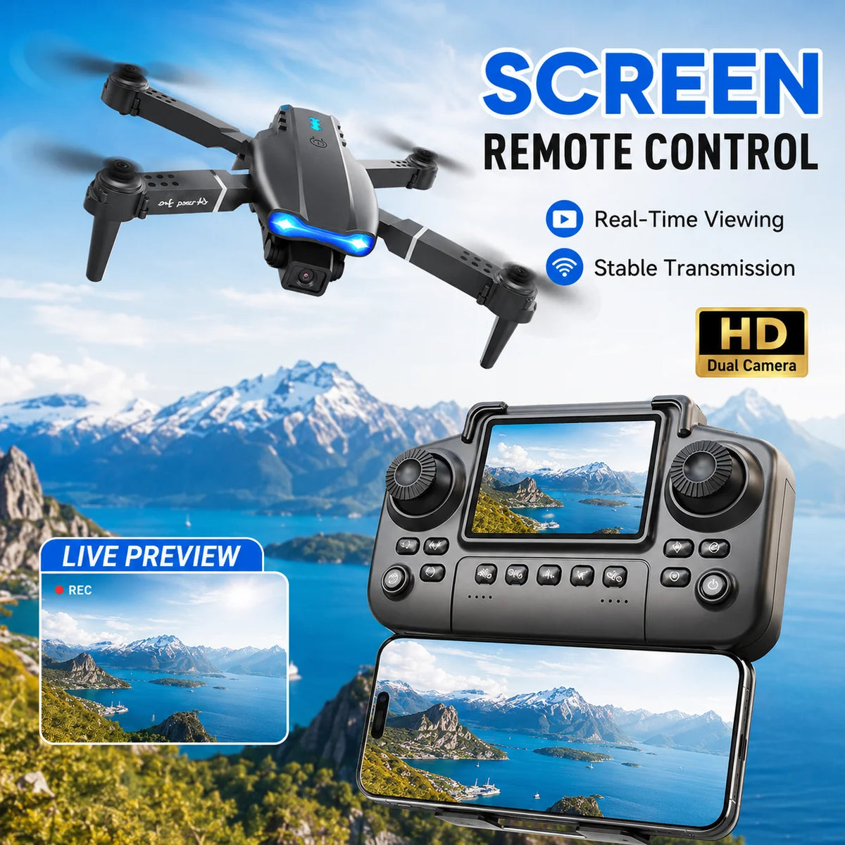 Brushless RC Drone with Dual Camera, One-Key Takeoff, Return Home and Headless Mode