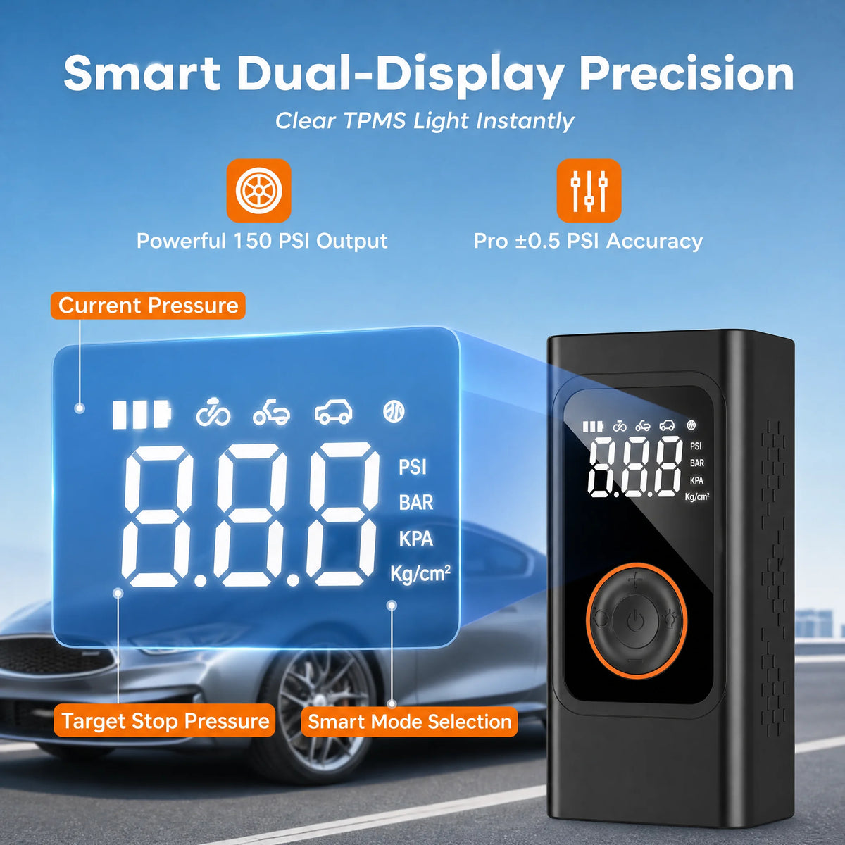 Portable Cordless Tire Inflator 150 PSI, Rechargeable Air Compressor with Digital Pressure Gauge, Fast Electric Air Pump for Car, Motorcycle, Bike and Emergency Roadside Inflation