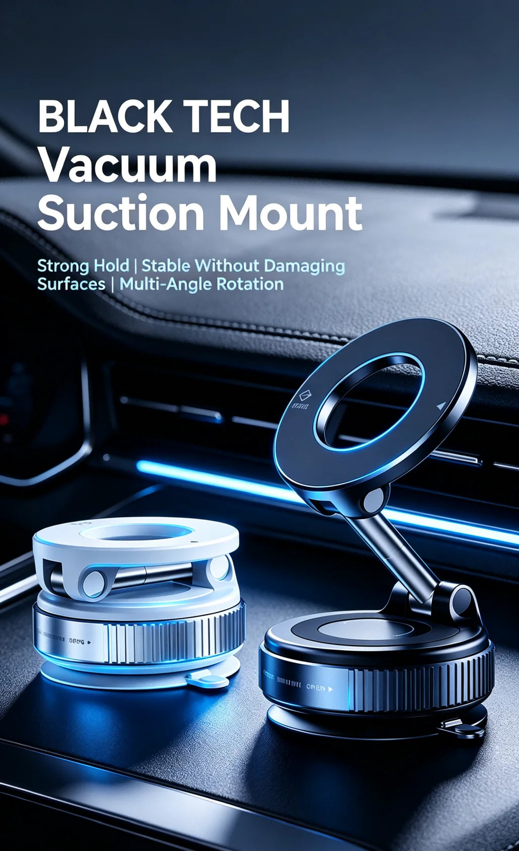 Magnetic Vacuum Suction Car Phone Holder, Foldable Dashboard and Mirror Mount