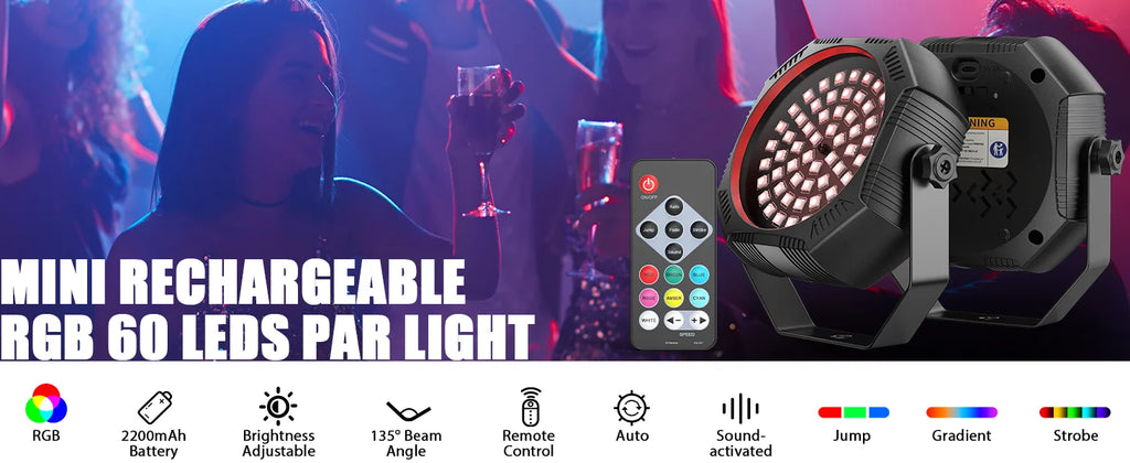 U'King 1/2/4Pcs Mini RGBW 60LED Par Lights Built In Battery Rechargeable Stage Strobe Lights With Remote For Music Bar KTV Party