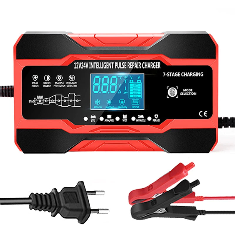 12V-24V 7-stage smart Car Battery-Charger Full Automatic 10A Digital Car Battery Charger  Pulse Repair for AGM GEL WET Lead Acid