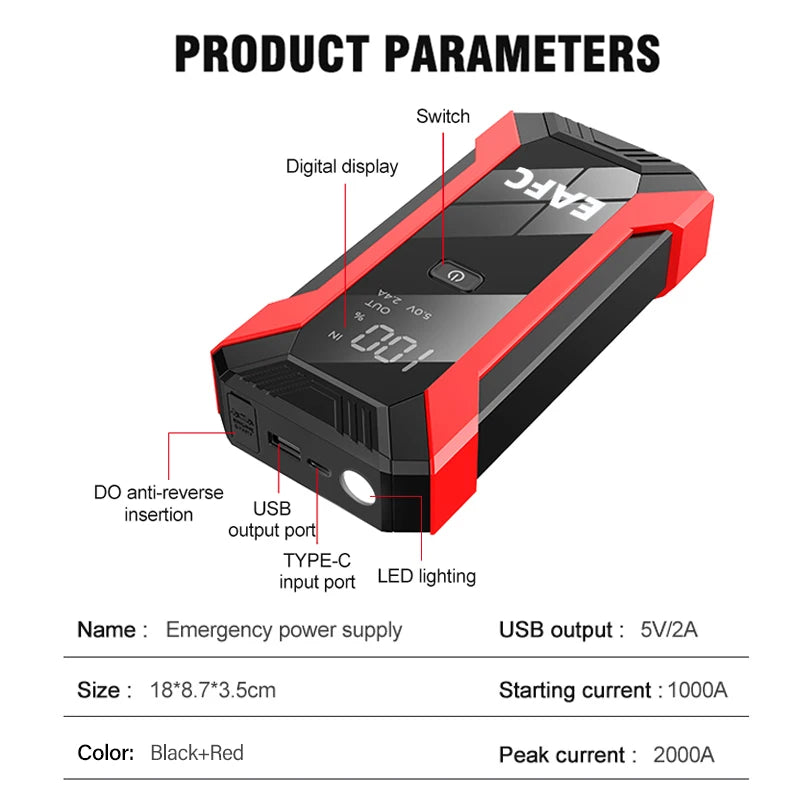 2026 Car Jump Starter 2000A/1200A Car Battery Charger Emergency Power Bank Booster for 12V Petrol Diesel Vehicles Starting
