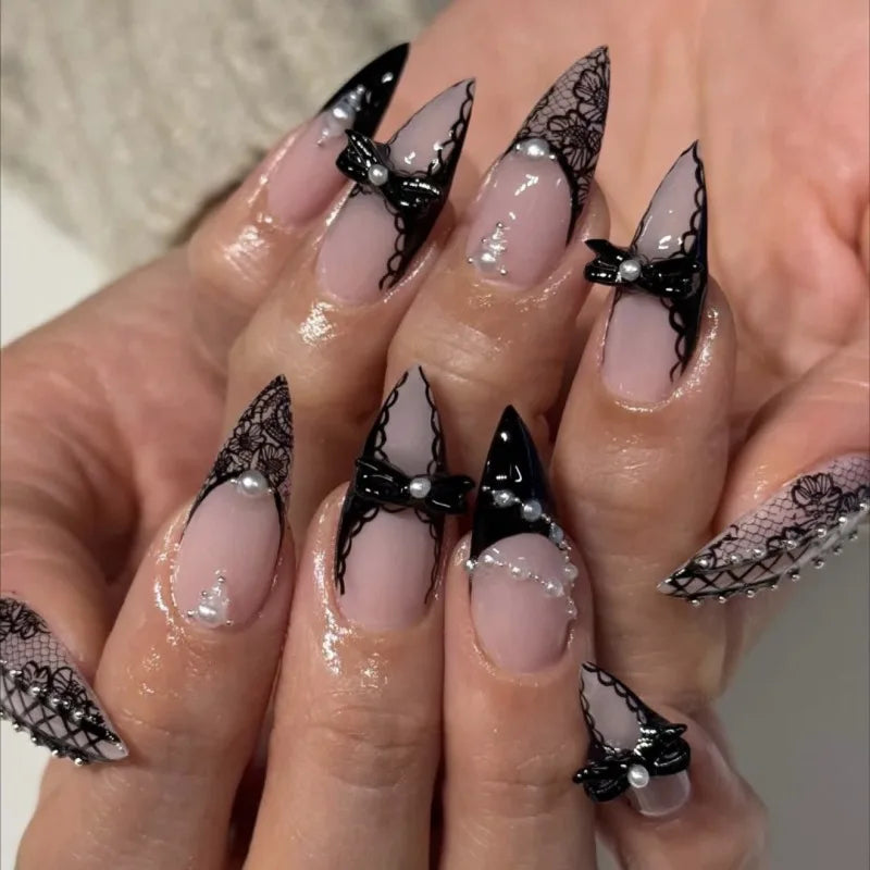 Black Bat Press On Nails, 24 Pieces Almond False Nails with Rivet and Bow Details, Reusable Halloween Nail Tips