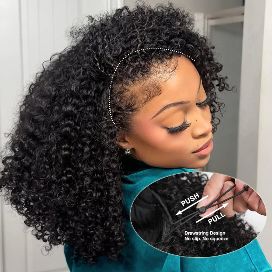250 Density Kinky Curly Half Wig Double Drawn Invisible Drawstring Machine Made Wigs Human Hair Invisible Hairline Half Wig Natural Colored Ponytail