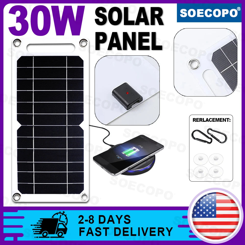 30W Lightweight Flexible Solar Panel Kit, Free Mini Solar Regulator, Complete Hooks & Suction Cups Accessories