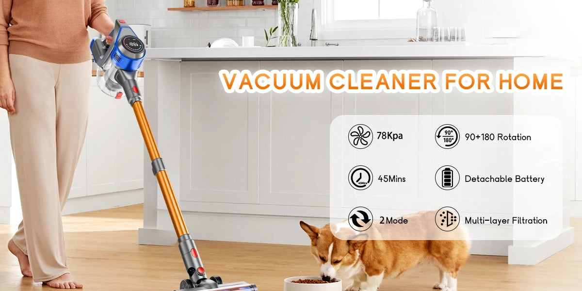 78KPA Cordless Vacuum Cleaner with LED High Power Strong Suction Wet and Dry Handheld Vacuum Cleaner for Fur Rug