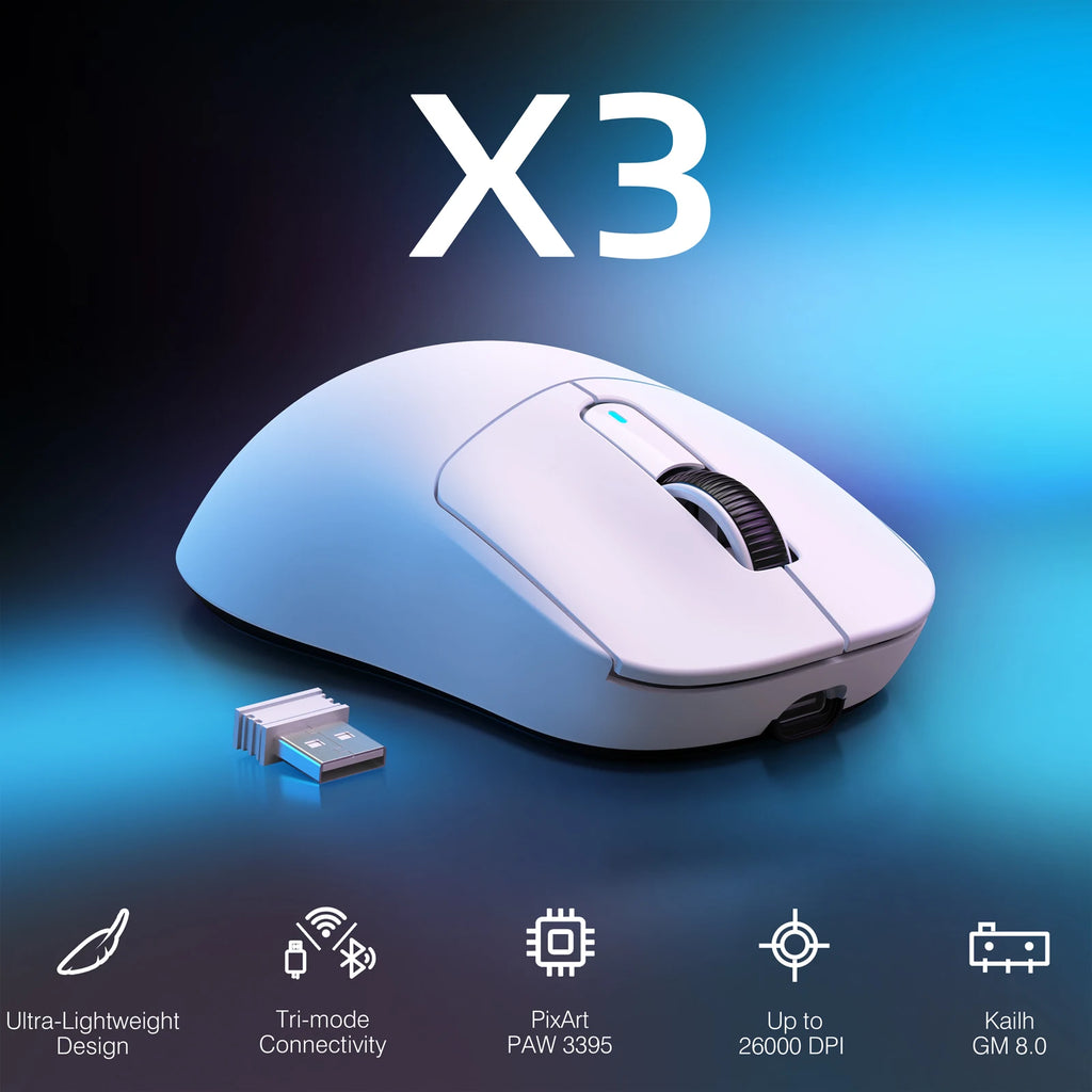 X3 Wireless Gaming Mouse,49g Ergonomic PC Mouse,Triple Modes PAW3395 26K DPI Optical Sensor,Programmable Buttons