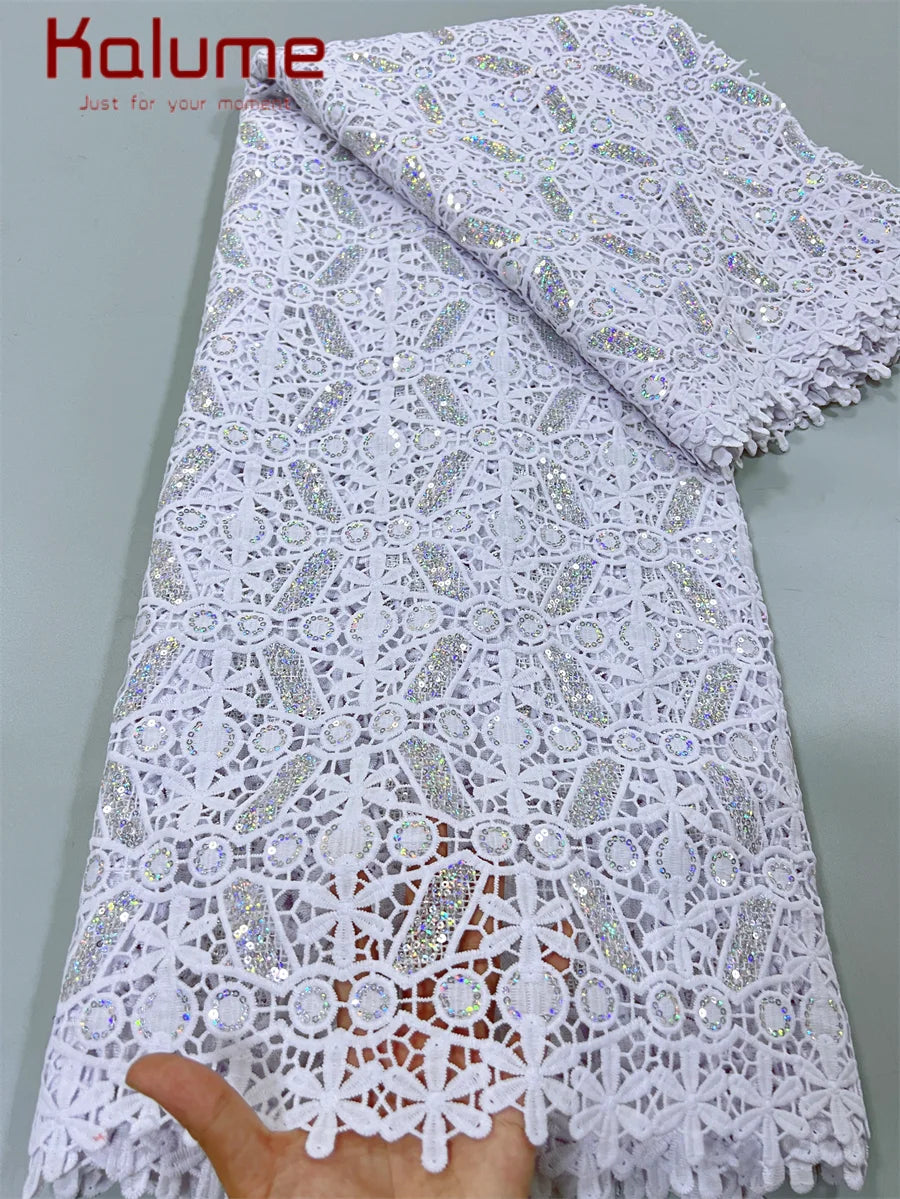 White African Guipure Cord Lace Fabric with Sequins 2025 High Quality Nigerian Guipure Cord Lace for Sewing Wedding Dress F4025