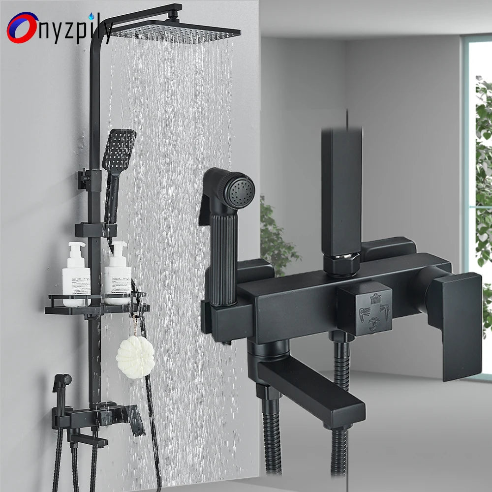 Rainfall Shower Faucet Set with Bathroom Shelf, Height-Adjustable Brass Bathtub Mixer