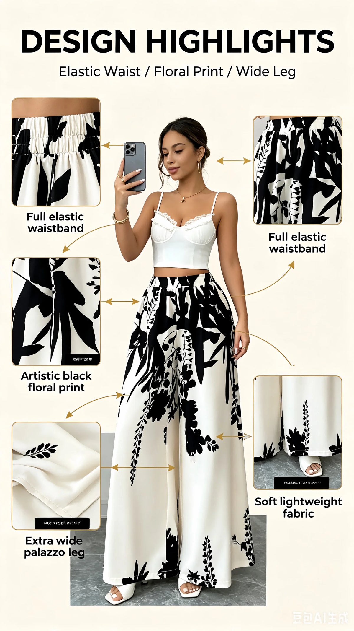 Women's Floral Print Satin Wide-Leg Palazzo Pants, High Waist