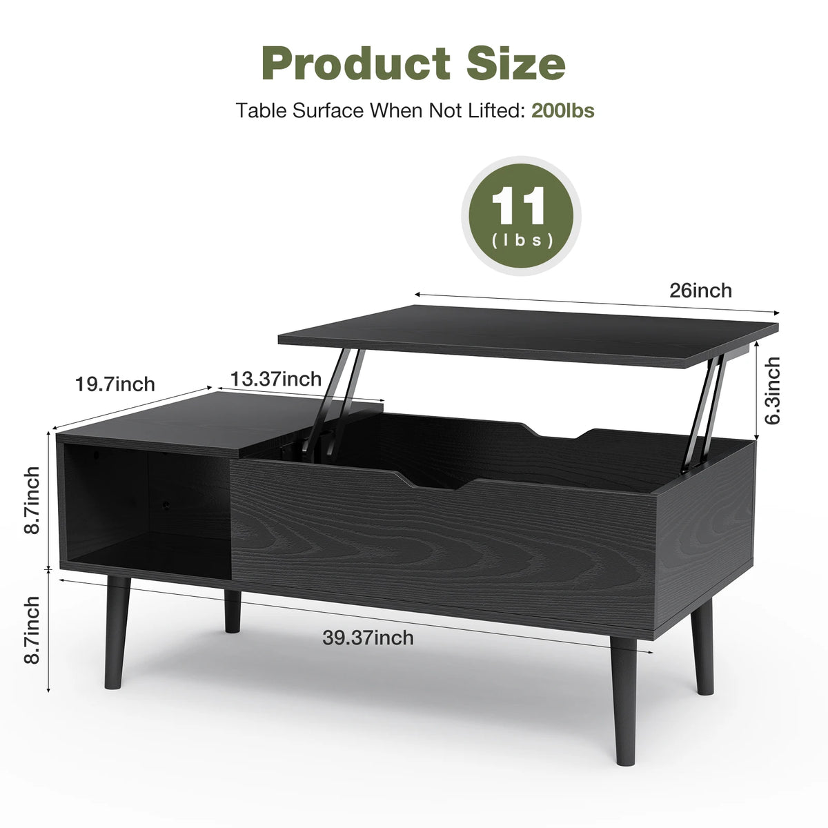 Lift-Top Coffee Table with Hidden Storage Shelf, 39 x 20 Inch