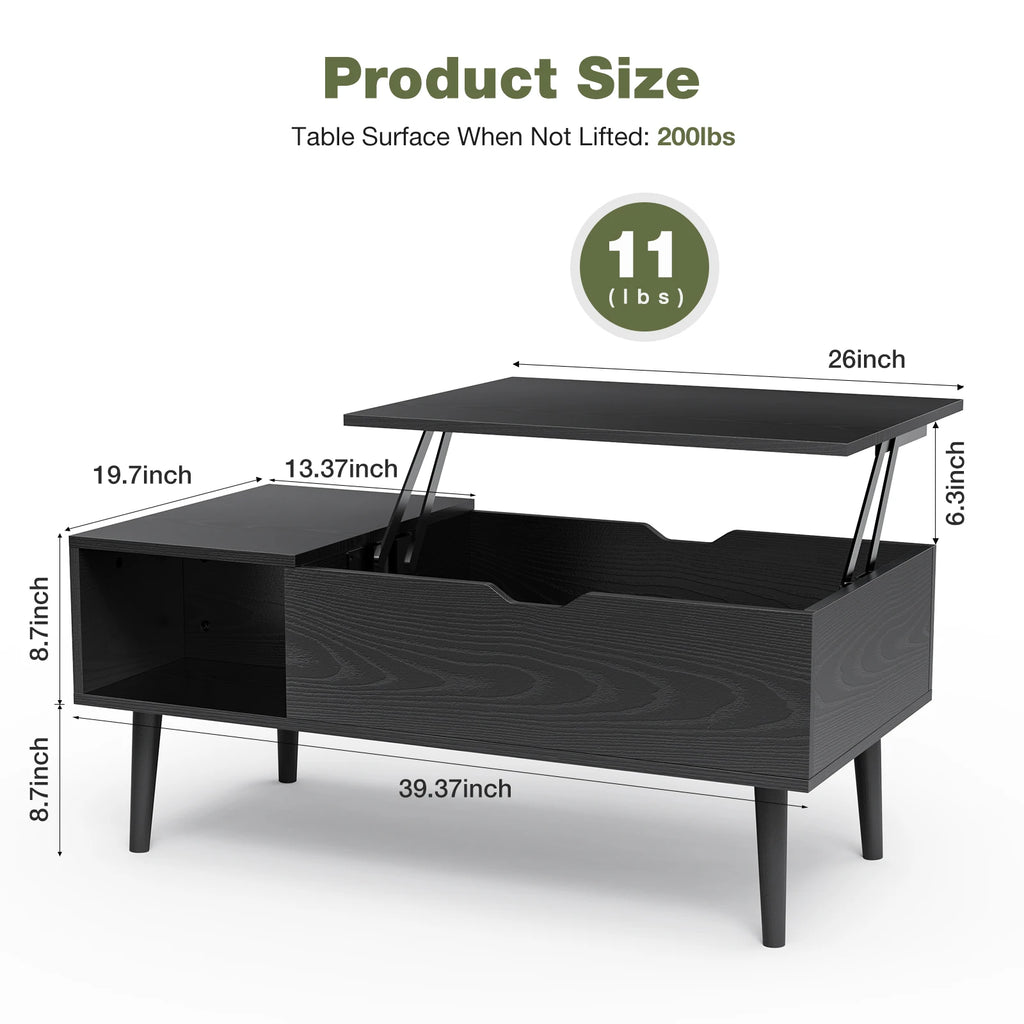 Lift-Top Coffee Table with Hidden Storage Shelf, 39 x 20 Inch