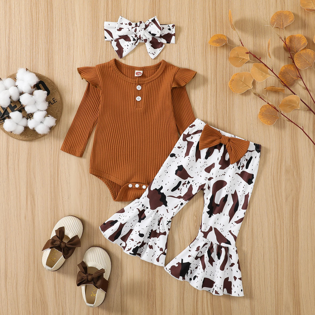 Infant Baby Girl Ribbed Fly Sleeve Romper with Leopard Flare Pants Outfit
