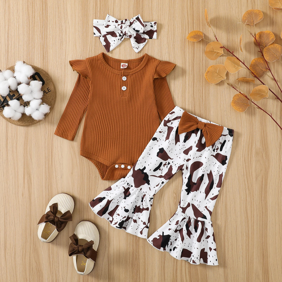 Infant Baby Girl Ribbed Fly Sleeve Romper with Leopard Flare Pants Outfit