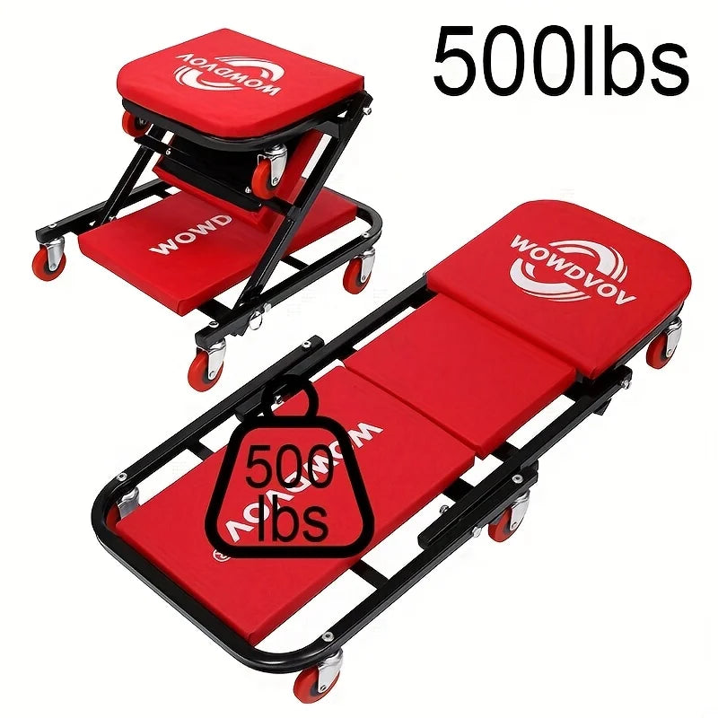 2-in-1 Mechanic Creeper Seat with Wheels – Heavy Duty Folding Rolling Stool for Garage – 330lbs Capacity Adjustable Repair Crawler with Thick Cushion & 360° Swivel Casters for Auto Shop