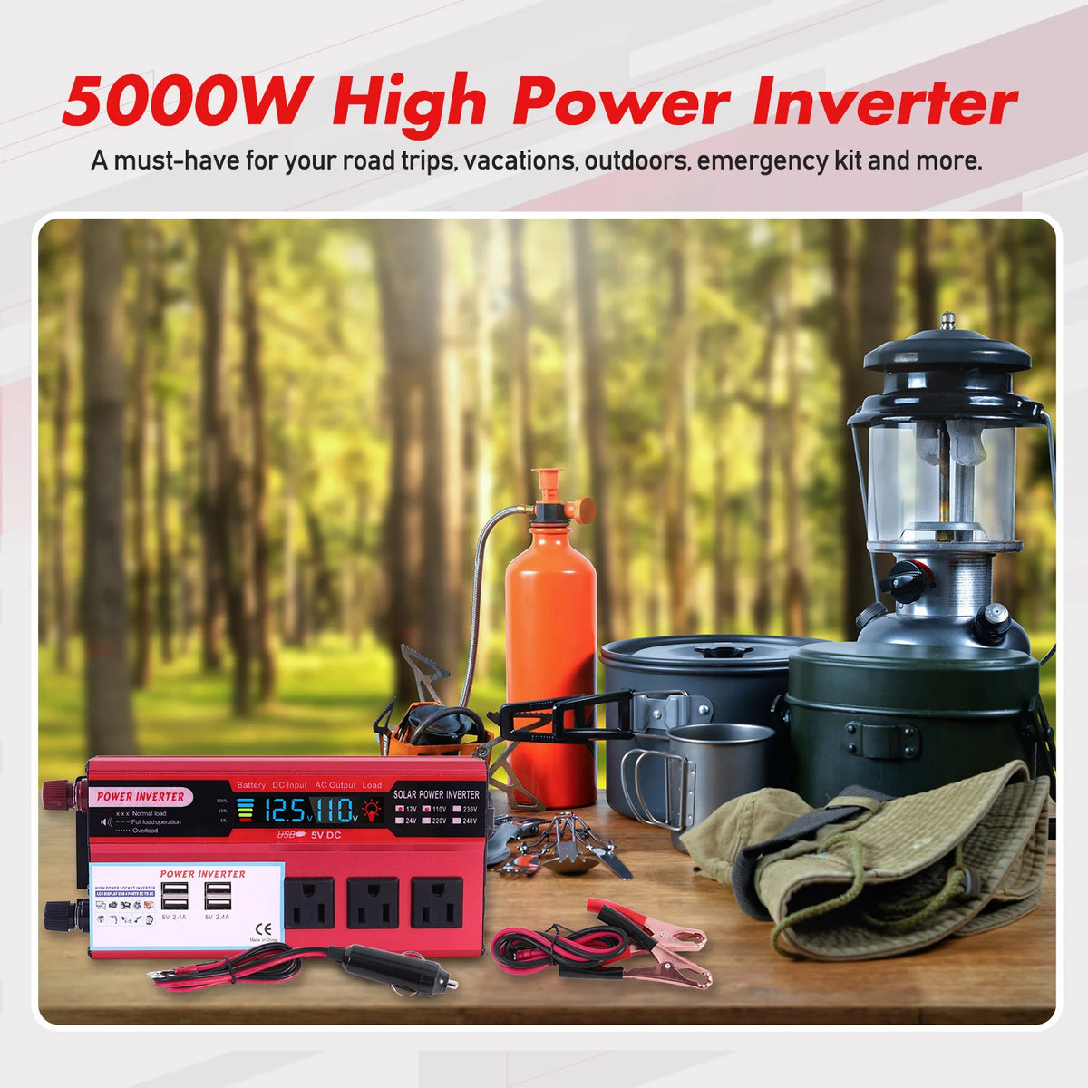 5000W Car Power Inverter DC 12V To AC 110V Converter Pure Sine Wave Fast Charging LCD LED Display Converter Charger Adapter