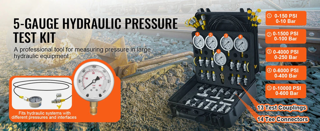 Hydraulic Pressure Test Kit with Gauges and Carrying Case for Excavators and Tractors
