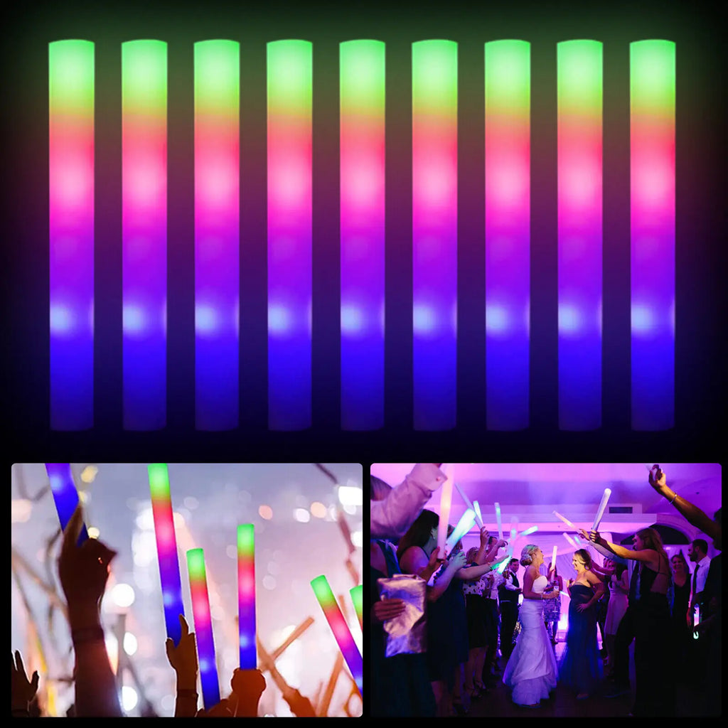 100Pcs LED Glow Sticks Bulk Colorful RGB Glow Foam Stick Cheer Tube Dark Light for Xmas Birthday Wedding Party Supplies