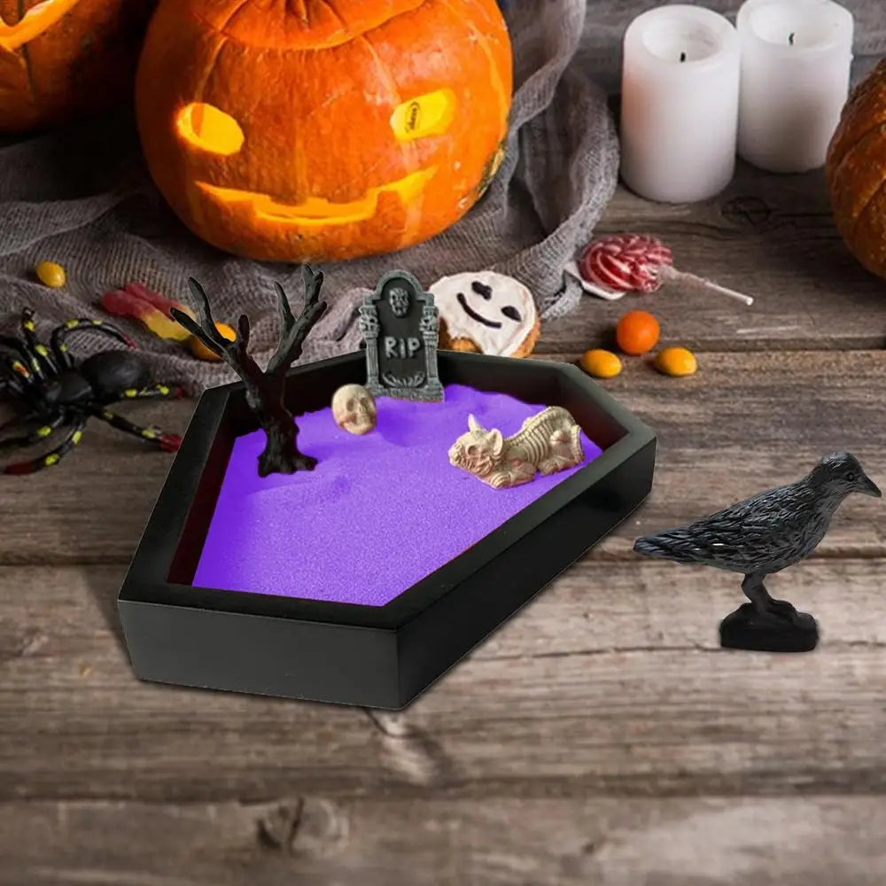 Halloween Coffin Sand Tabletop Decor, Gothic Mini Sand Tray Kit with Skull