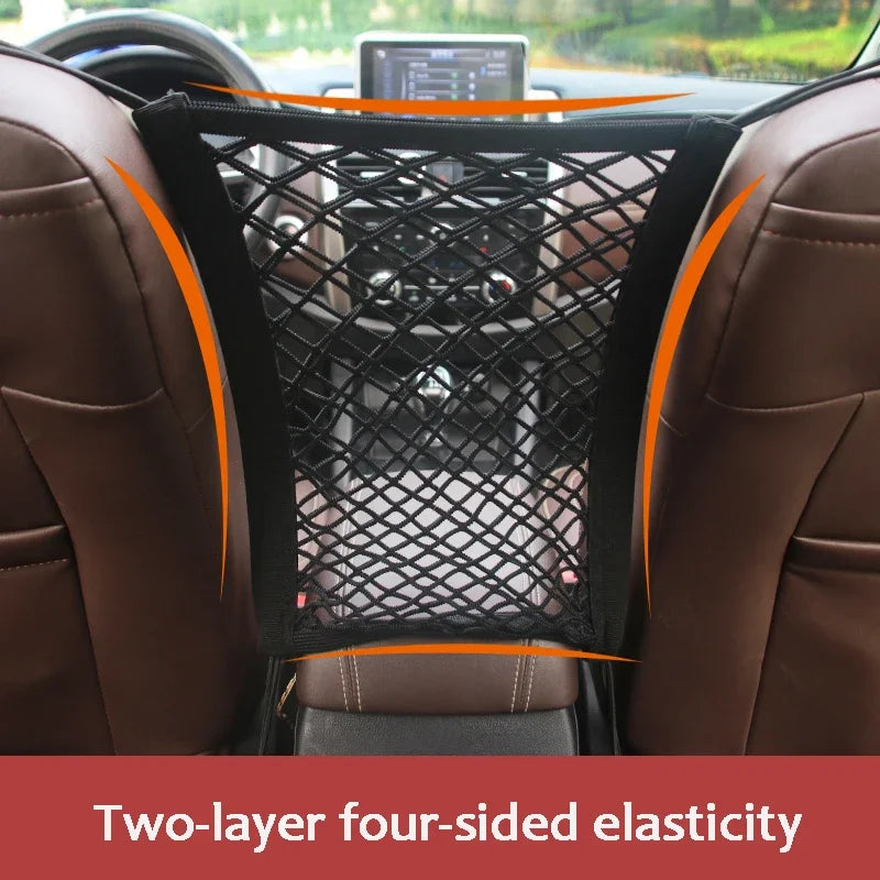 Car Seat Storage Net Bag and Pet Barrier, Stretchable Mesh Organizer Between Seats