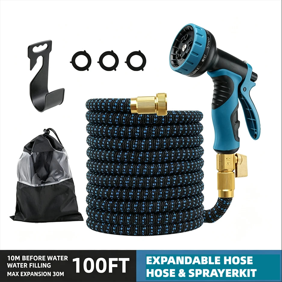 Expandable Retractable Flexible Garden Water Hose With 8 Spray Modes Nozzle Heavy Duty Leak Free Brass Fitting Collapsible Stretch Water Pipe For Yard Plant Irrigation Car Wash Pet Shower Balcony Patio Camping Outdoor Househo