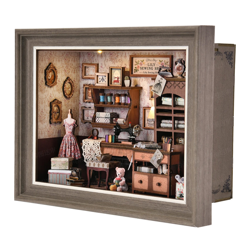 DIY Book Nook Kit, Tailor's Shop 3D Wooden Bookshelf Insert