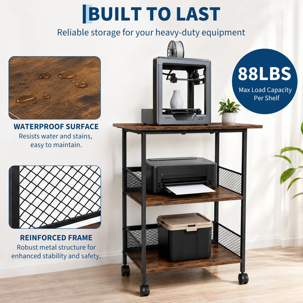 3-Tier Printer Stand with Storage Shelves, Mobile Heavy Duty Rolling Rack on Wheels for Large Printers, Black Industrial MDF and Iron, Home Office