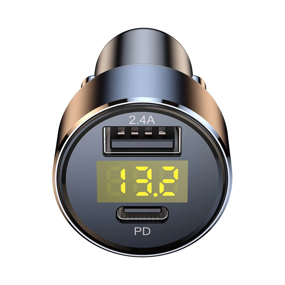 Car Charger Dual USB 18W PD Quick Charge LED Voltmeter Display Aluminum Alloy 12V-24V Fast Charging Adapter for Phone Tablet GPS