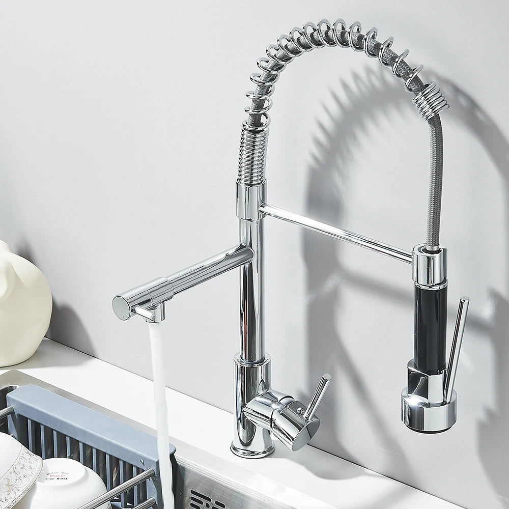 Pull-Down Chrome Kitchen Faucet with Dual Swivel Spout, Hot and Cold Deck-Mount Mixer