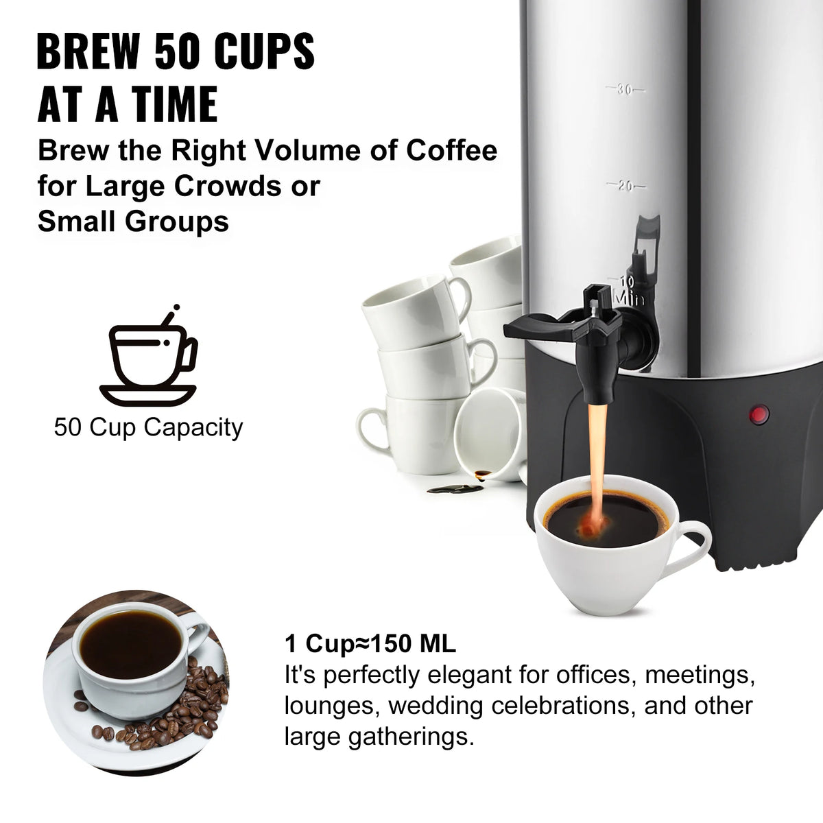 SucceBuy 50 Cups Commercial Coffee Urn Stainless Steel Large Coffee Dispenser 1000W Electric Coffee Maker Urn For Quick Brewing