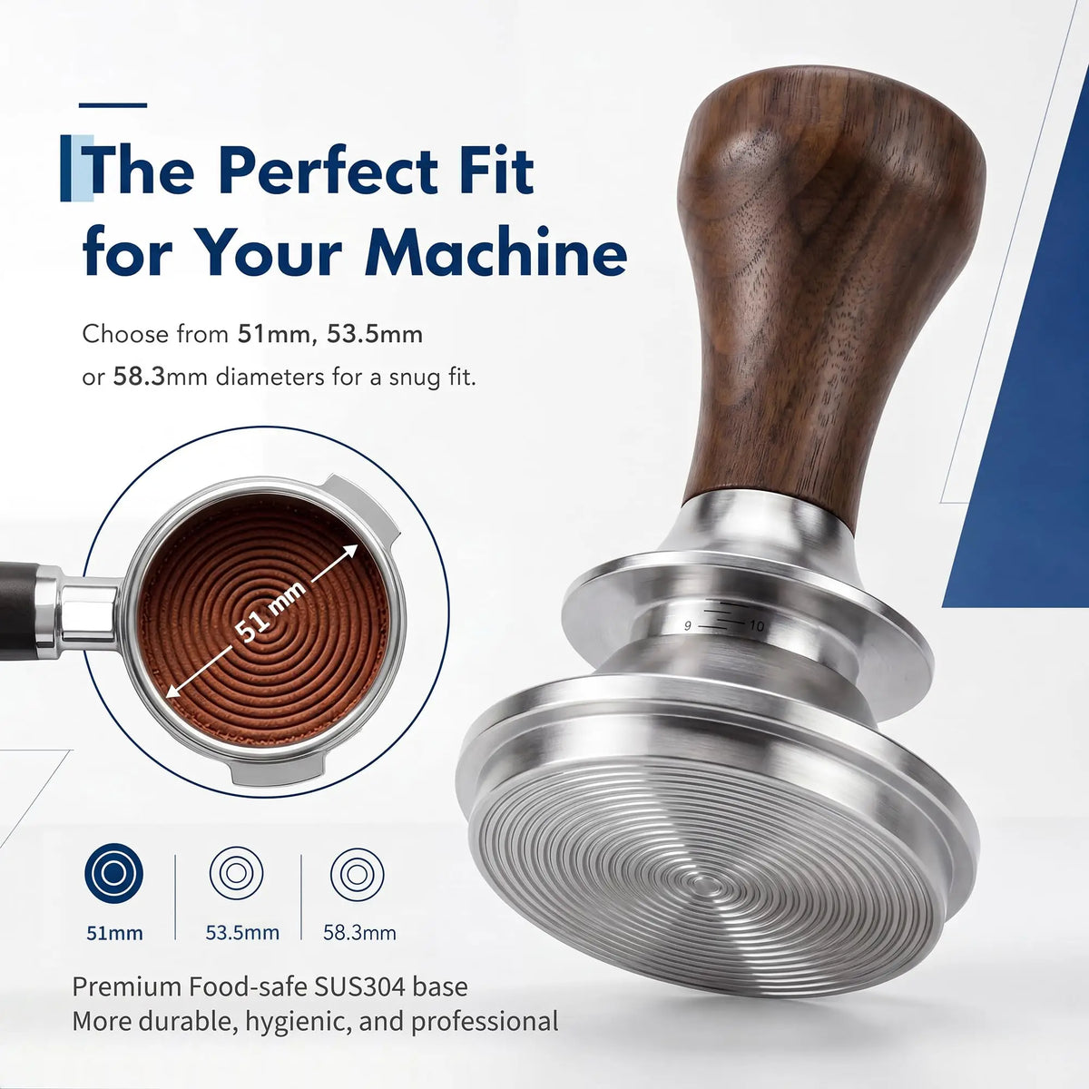 51mm 53.5mm 58.3mm Espresso Tamper, Self Leveling Ripple Base Coffee Tamper with Solid Wood Handle, 304 Steel Barista Tool