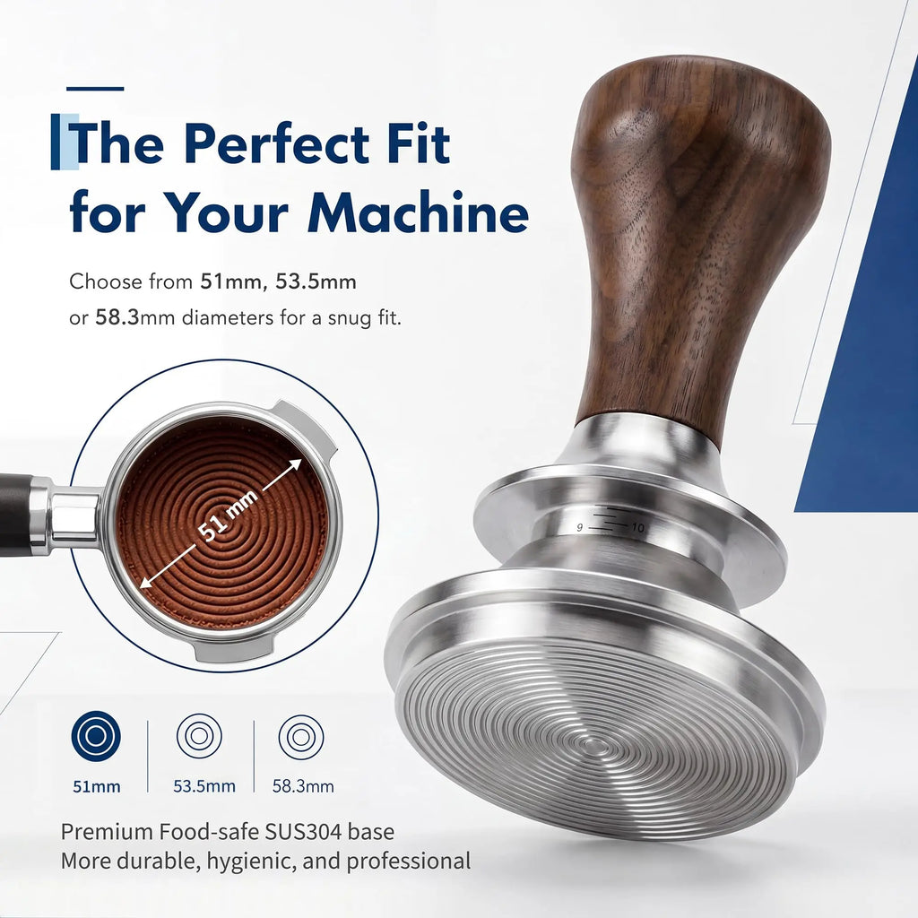 51mm 53.5mm 58.3mm Espresso Tamper, Self Leveling Ripple Base Coffee Tamper with Solid Wood Handle, 304 Steel Barista Tool