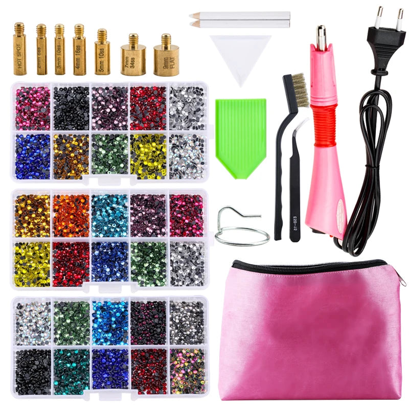 QIAO Hot Fix Rhinestones Set EU/US PLUG Hotfix Applicator 7 Tips Iron-on Crystal Glass Rhinestone Strass For Garment Decorations