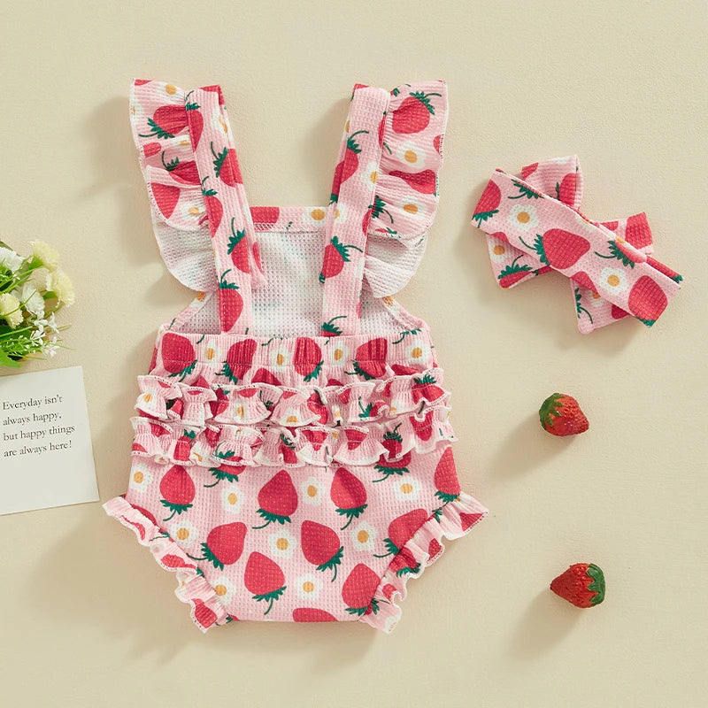 Summer Infant Baby Girls Bodysuit and Headband Flower Print Fly Sleeve Jumpsuit Casual Clothes
