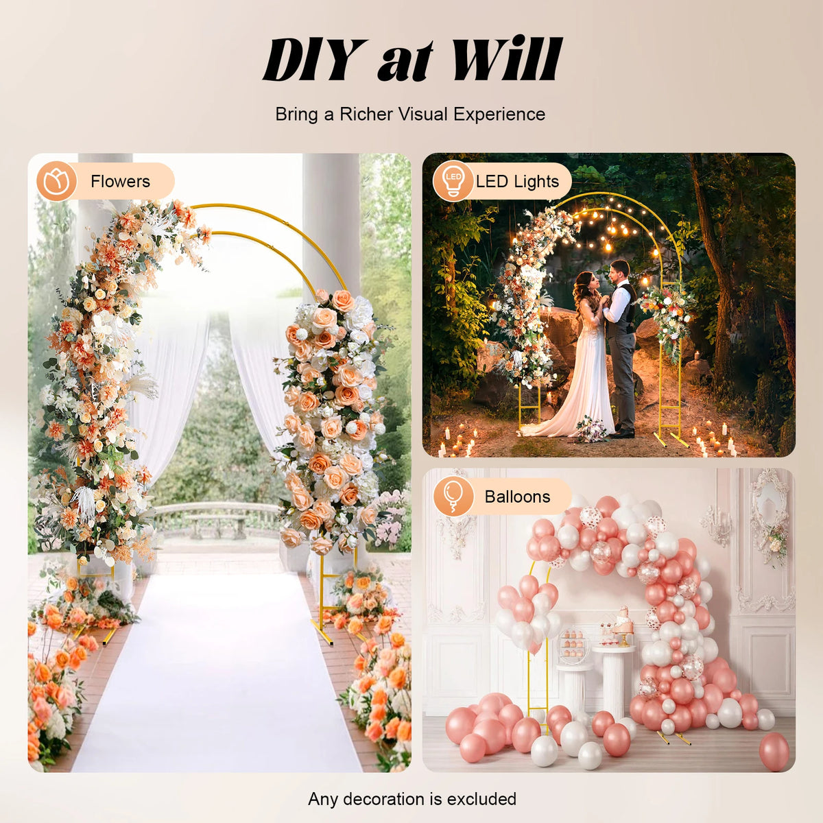Gold Round Arch Backdrop Stand 2.2m Large Wedding Party Decor with Double Tube for Flowers Balloons Heavy Duty Steel Frame