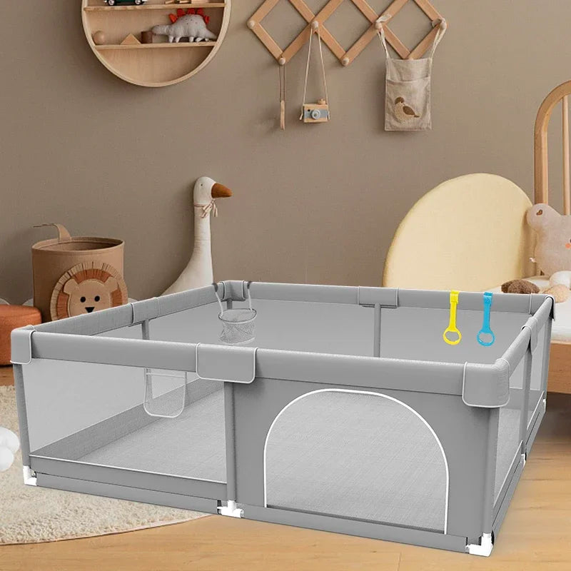 Baby Playpen with Safety Gate, Large Indoor Play Yard Fence for Toddlers, Light Gray