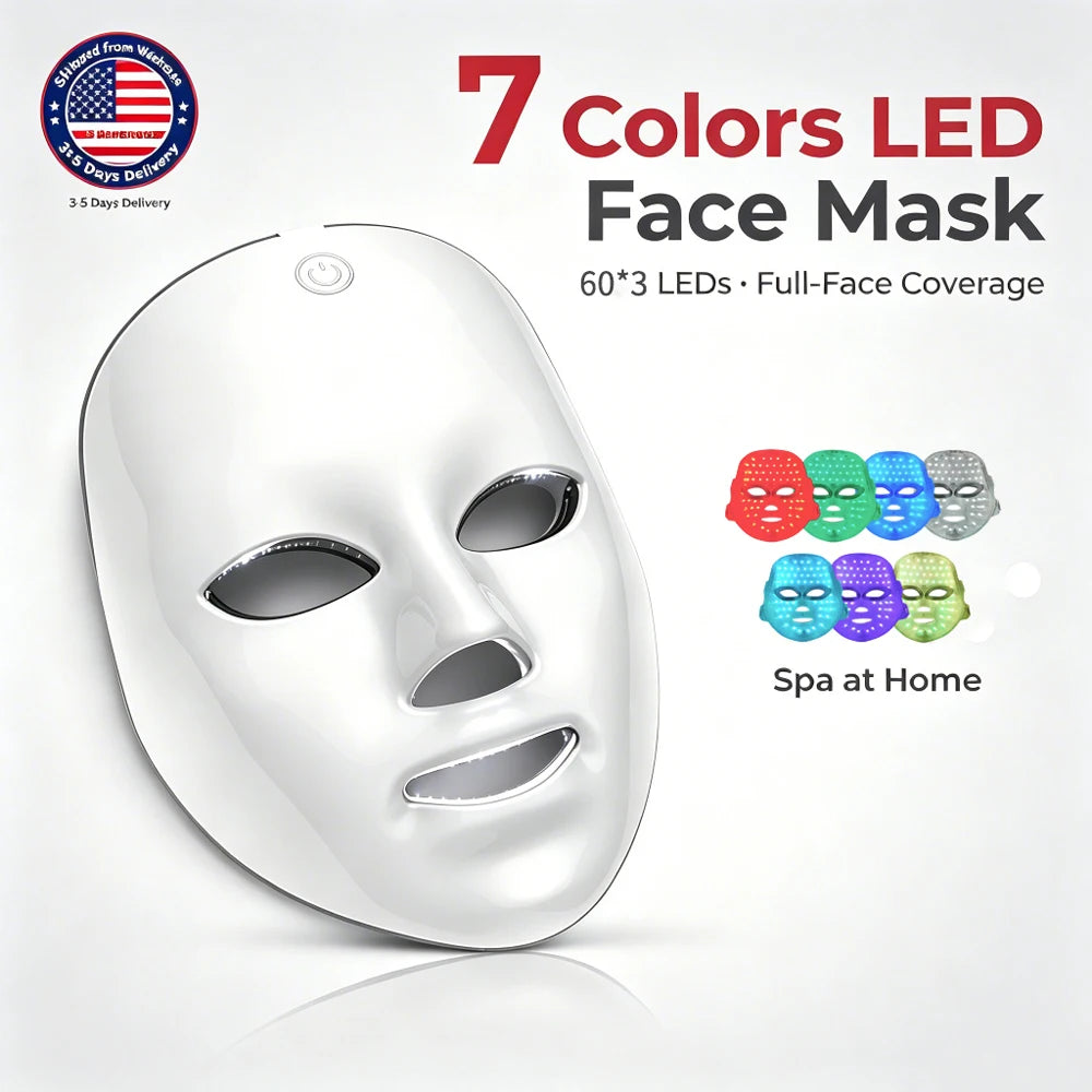 Wireless LED Face Mask with 7 Light Colors, Rechargeable Portable Facial Skincare Device
