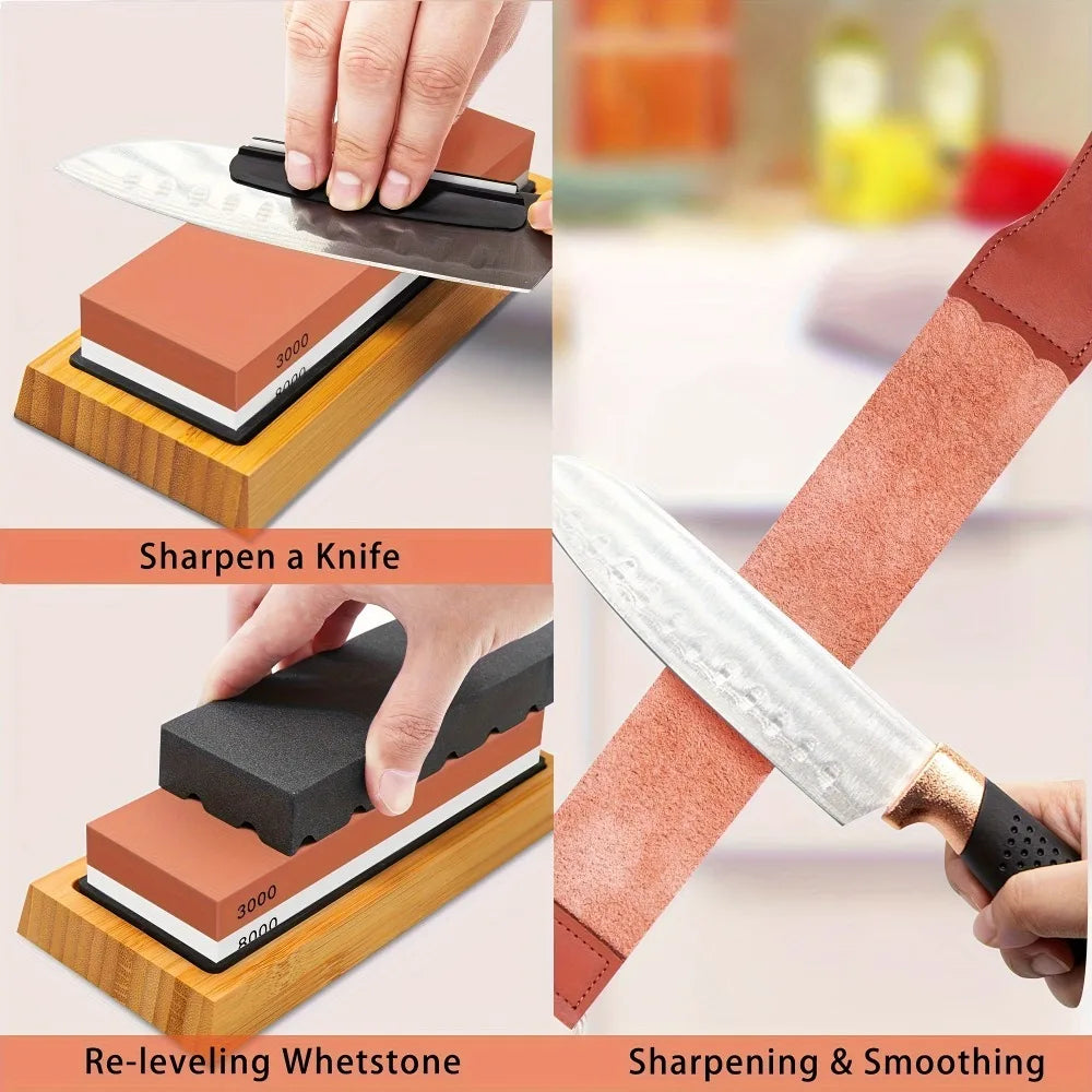 Professional Knife Sharpening Stone Set – 400/1000/3000/8000 Grit Whetstones, Bamboo Base, Angle Guide, Leather Strop