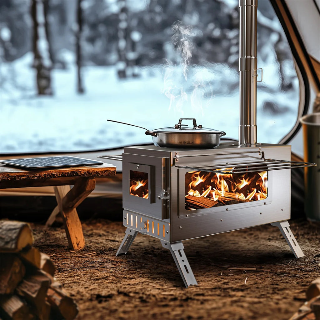 Hot Tent Stove, Wood Burning Stove, Portable Wood Stove with 6 Stainless Chimney Pipes for Outdoor Heating & Cooking