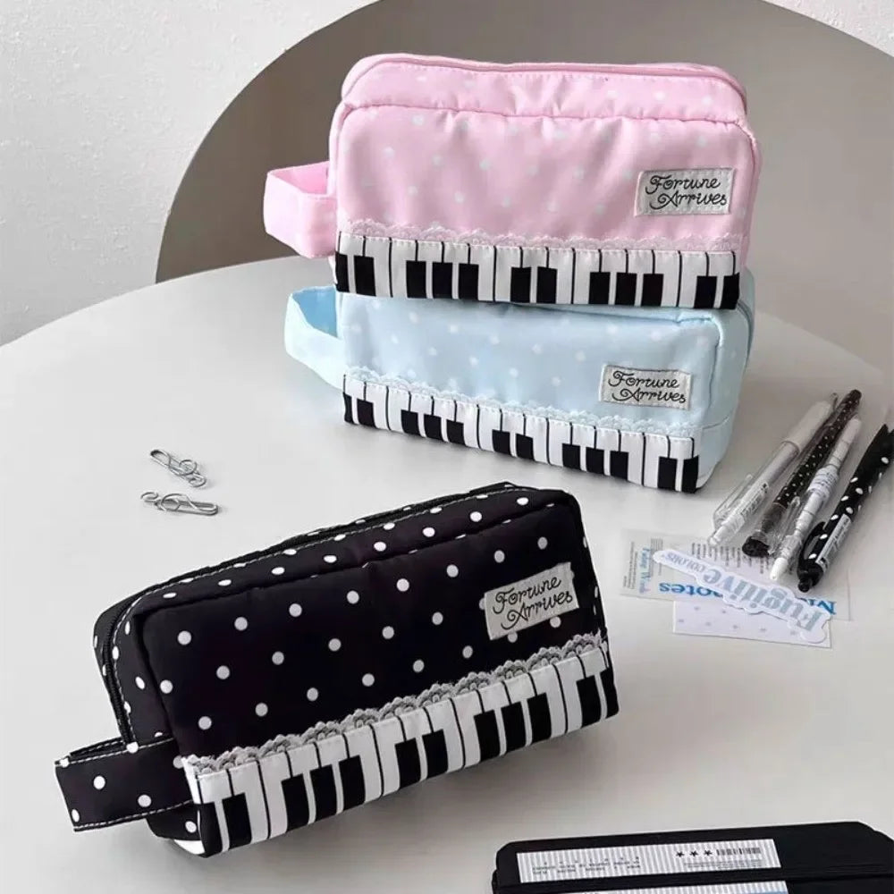 Kawaii Polka Dot Piano Key Print Pencil Case With Handle Large Capacity Pencil Pouch Stationery Pouch Gift School Supplies Girls