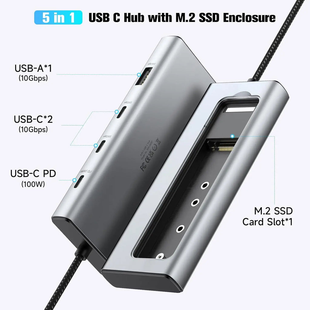 RSHTECH 5-in-1 Aluminium USB-C Hub with M.2 NVMe and SATA SSD Enclosure, 10Gbps, 3 USB 3.2 Ports, 100W Power Delivery