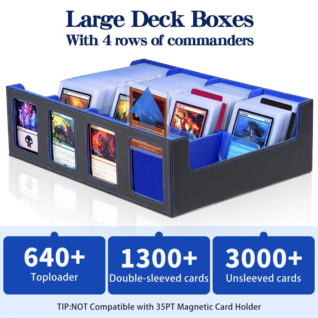 Trading Card Storage Box with Commander Display 4 Row Deck Case-Removable Lid,2400+ Card Deck Box for MTG TCG Sports Card with 4 Toploaders,4 Stoppers, 24 Dividers, 6 Dice,1 Dice Bag