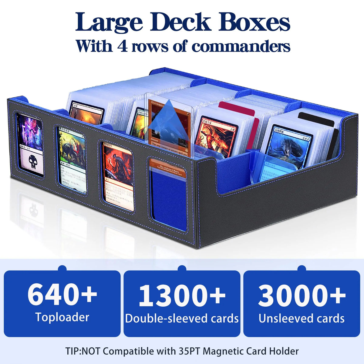 Trading Card Storage Box with Commander Display 4 Row Deck Case-Removable Lid,2400+ Card Deck Box for MTG TCG Sports Card with 4 Toploaders,4 Stoppers, 24 Dividers, 6 Dice,1 Dice Bag