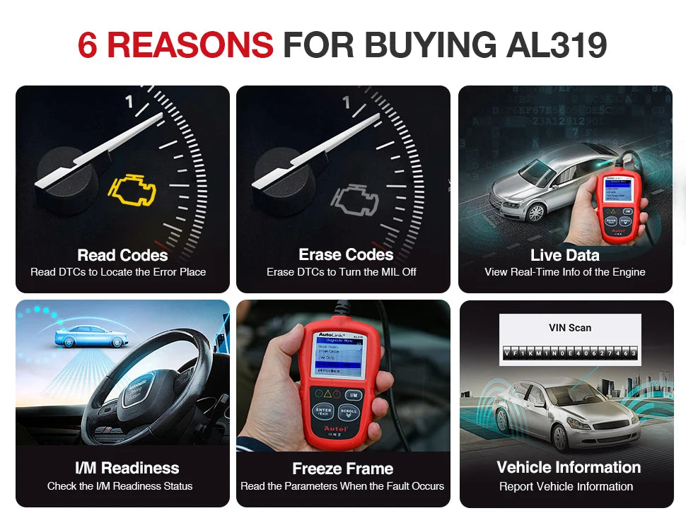 AUTEL AL319 OBD2 Code Reader CAN Auto Car Scanner Automotive Diagnostic Tool for OBDII System Basic OBD 2 Functions