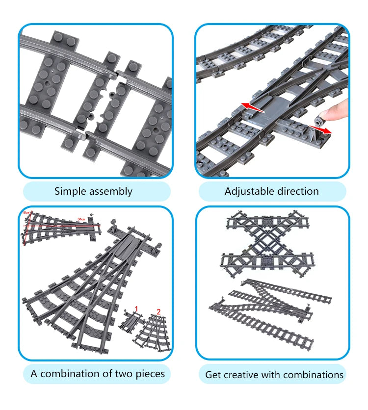 MOC 110pcs 25 Styles City Train Tracks Set Single Slip Switch Crossings Rails Bricks Building Blocks Technical Toys for kids