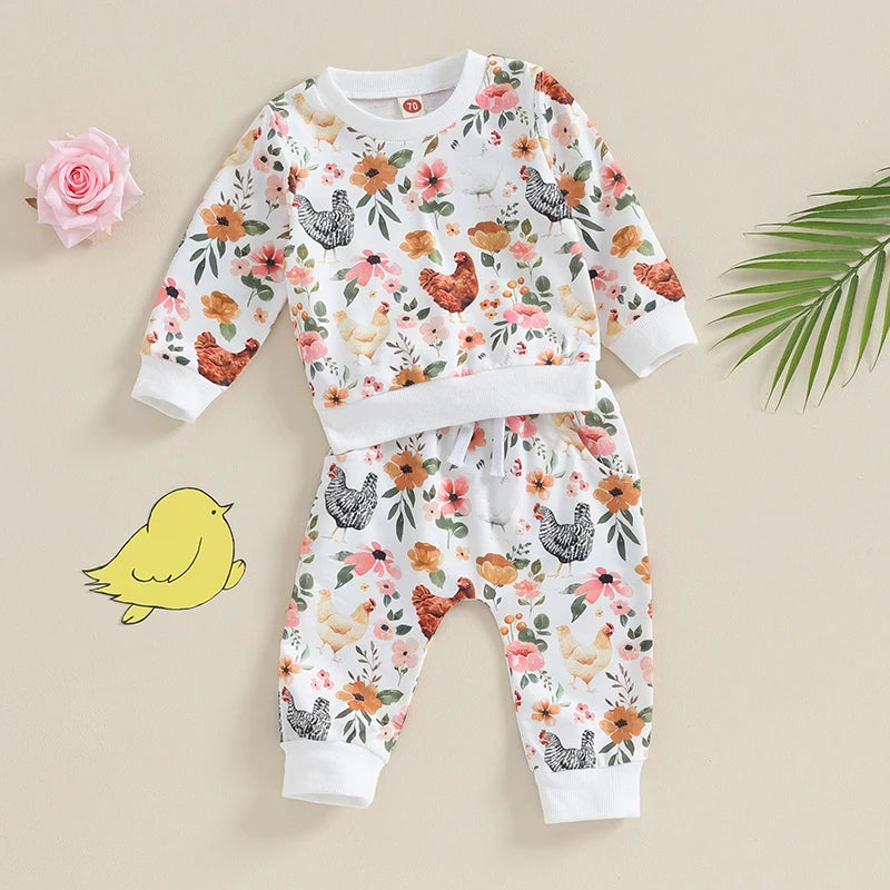 Autumn Toddler Baby Girl Fall Clothes Set Flower Print Long Sleeve Tops Elastic Waist Pants Outfit Clothes
