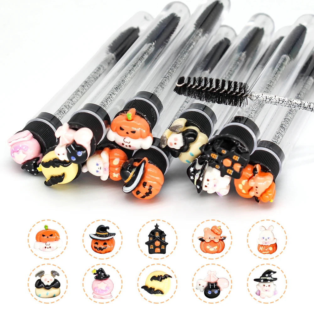 10/50pcs Reusable Eyelash Brush Halloween Tube Mascara Wand - Spooky & Cute With Tube Eyelash Wands Eyebrow Brush Replaceable